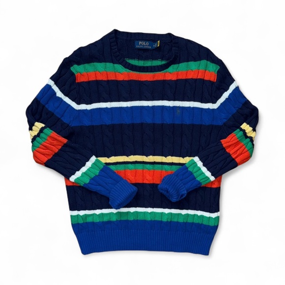 Polo Ralph Lauren $328 Preppy Crew Striped Cable-Knit Cotton Sweater Size Medium